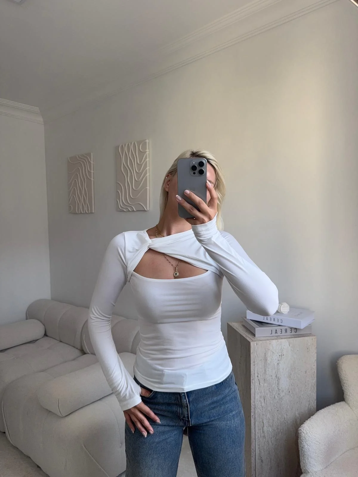 Göğüs Pencere Kruvaze Bluz - BEYAZ