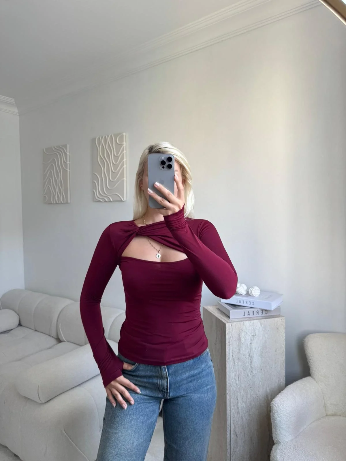 Göğüs Pencere Kruvaze Bluz - BORDO