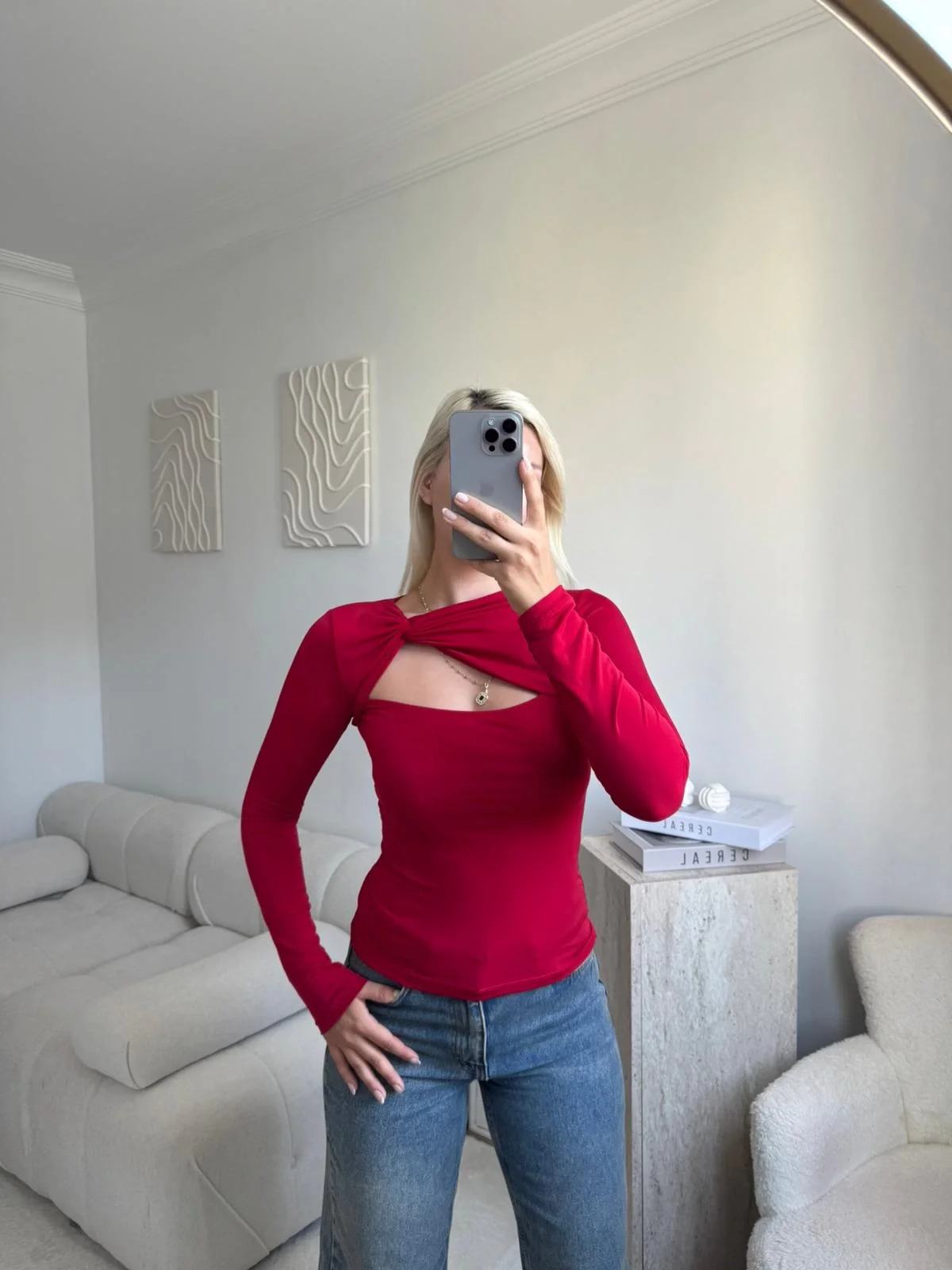 Göğüs Pencere Kruvaze Bluz - KIRMIZI