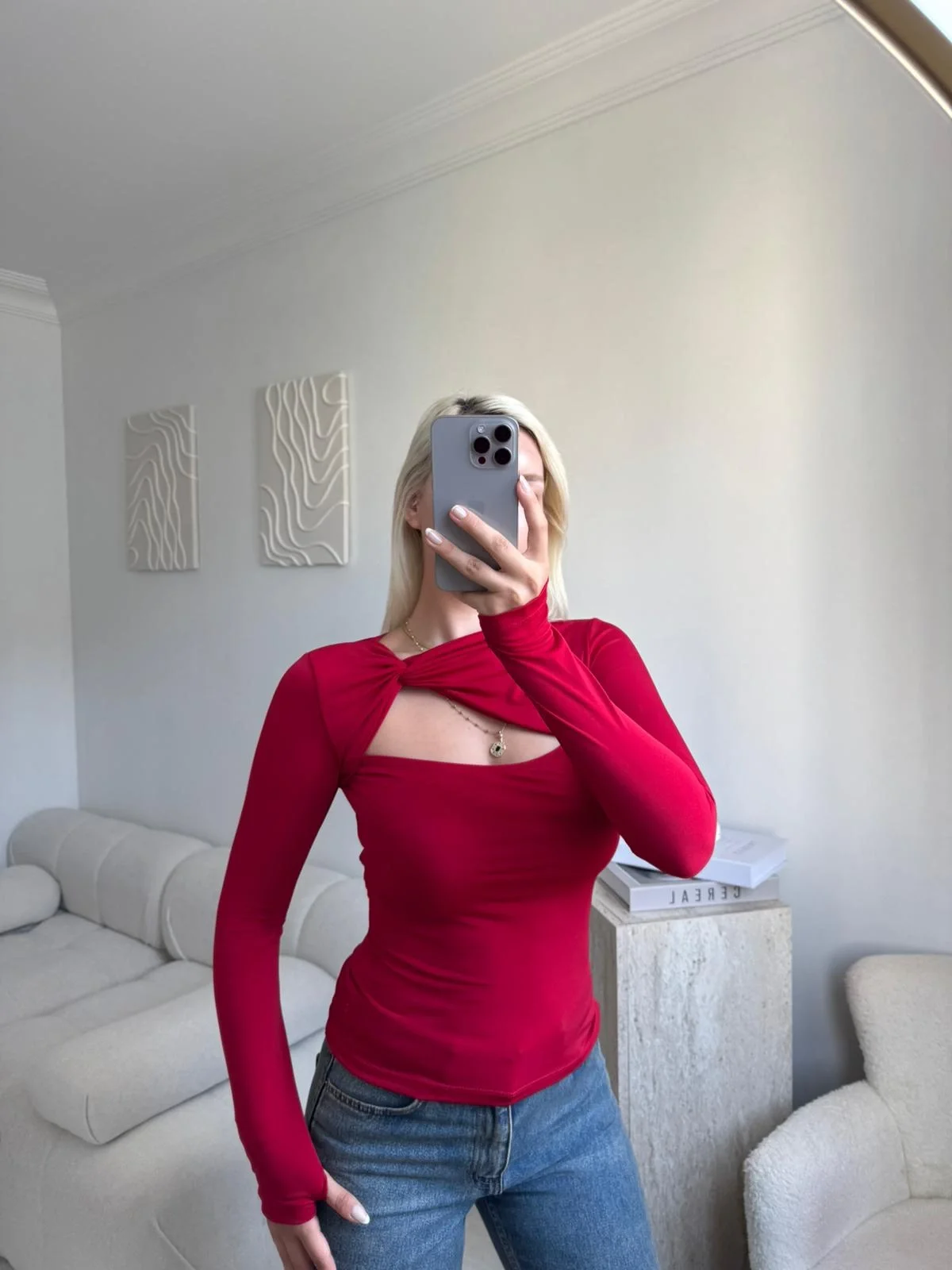 Göğüs Pencere Kruvaze Bluz - KIRMIZI