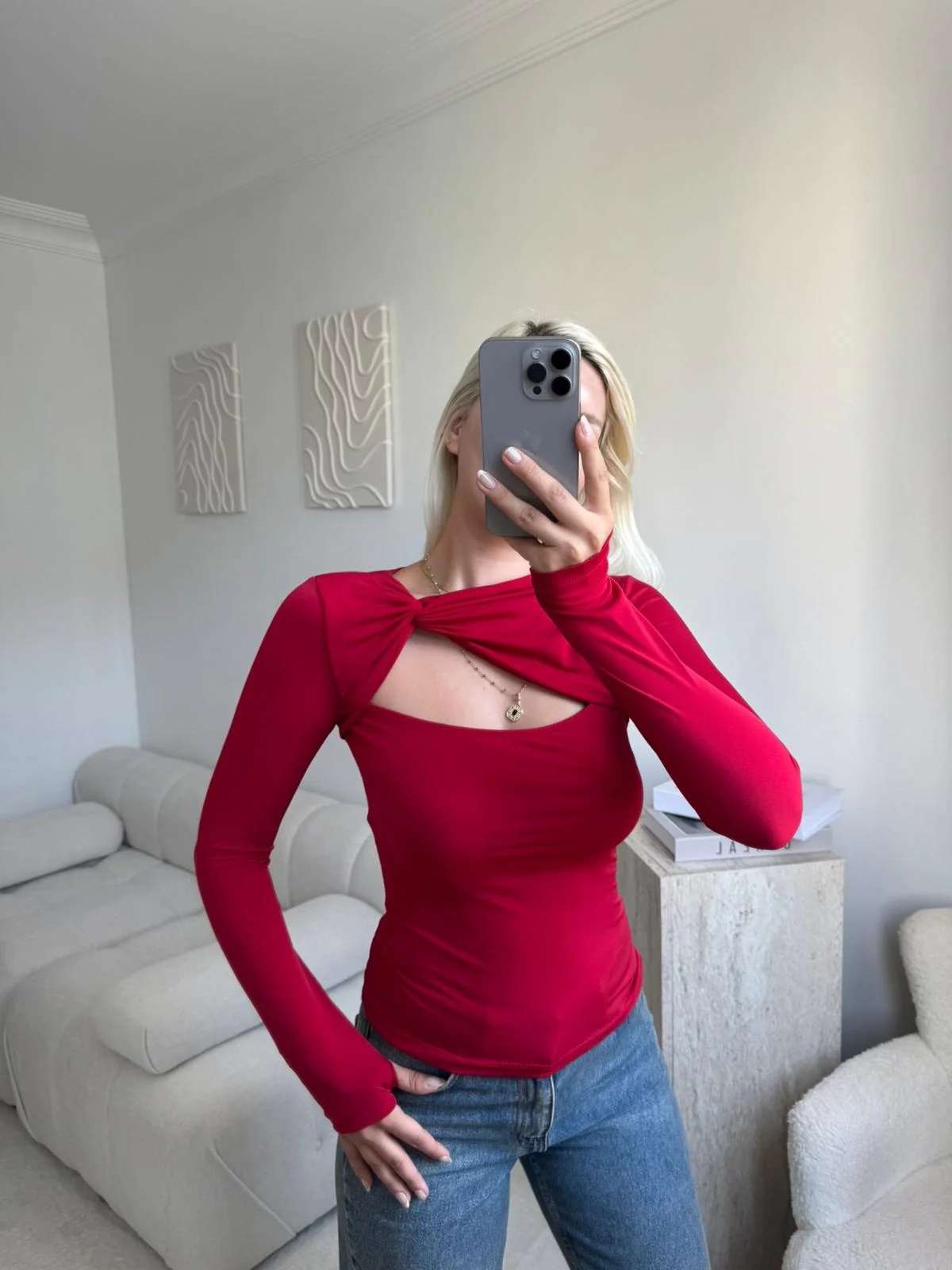 Göğüs Pencere Kruvaze Bluz - KIRMIZI