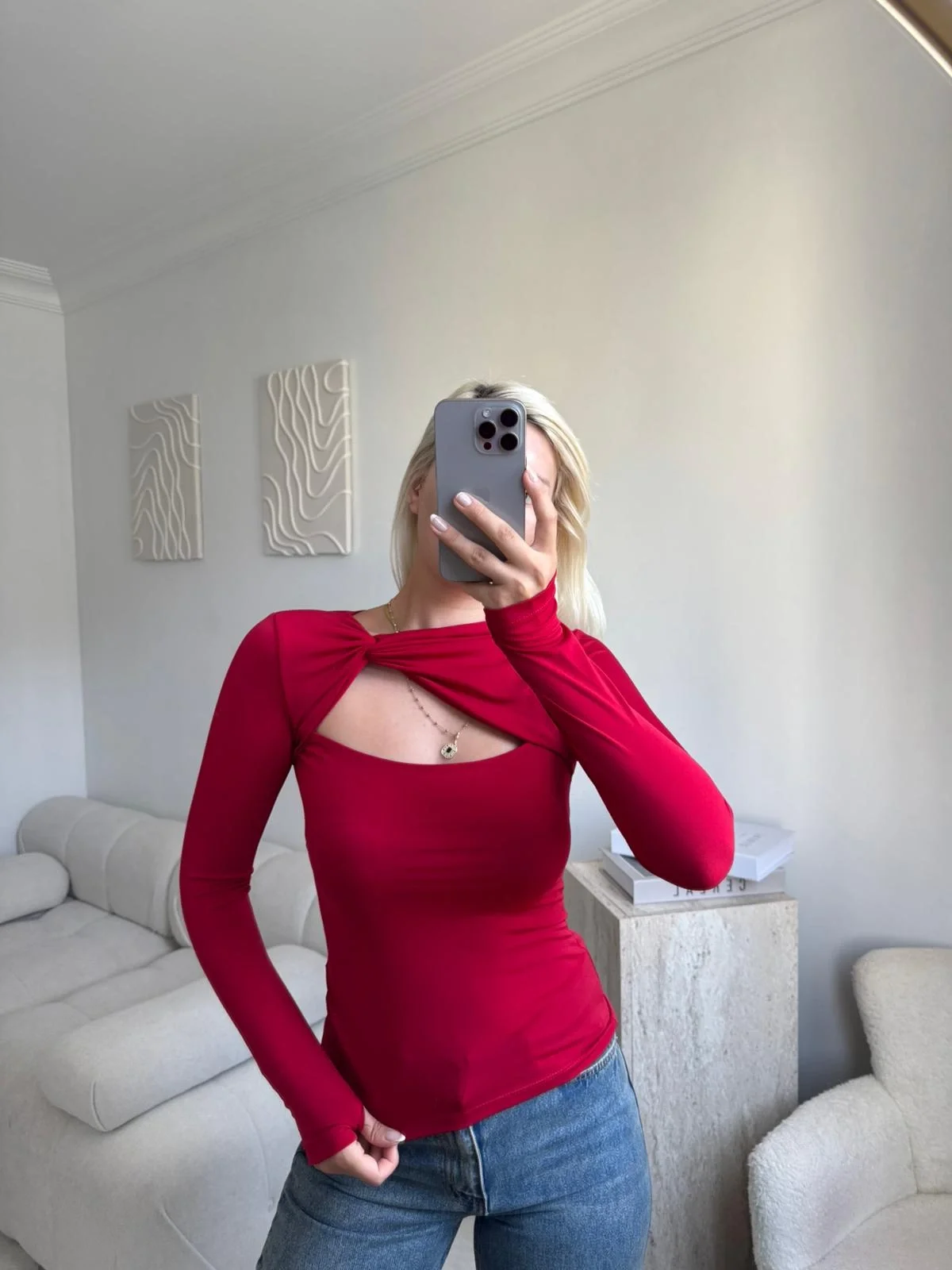 Göğüs Pencere Kruvaze Bluz - KIRMIZI