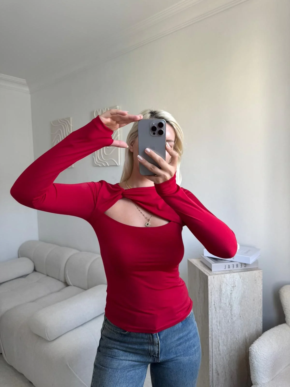 Göğüs Pencere Kruvaze Bluz - KIRMIZI