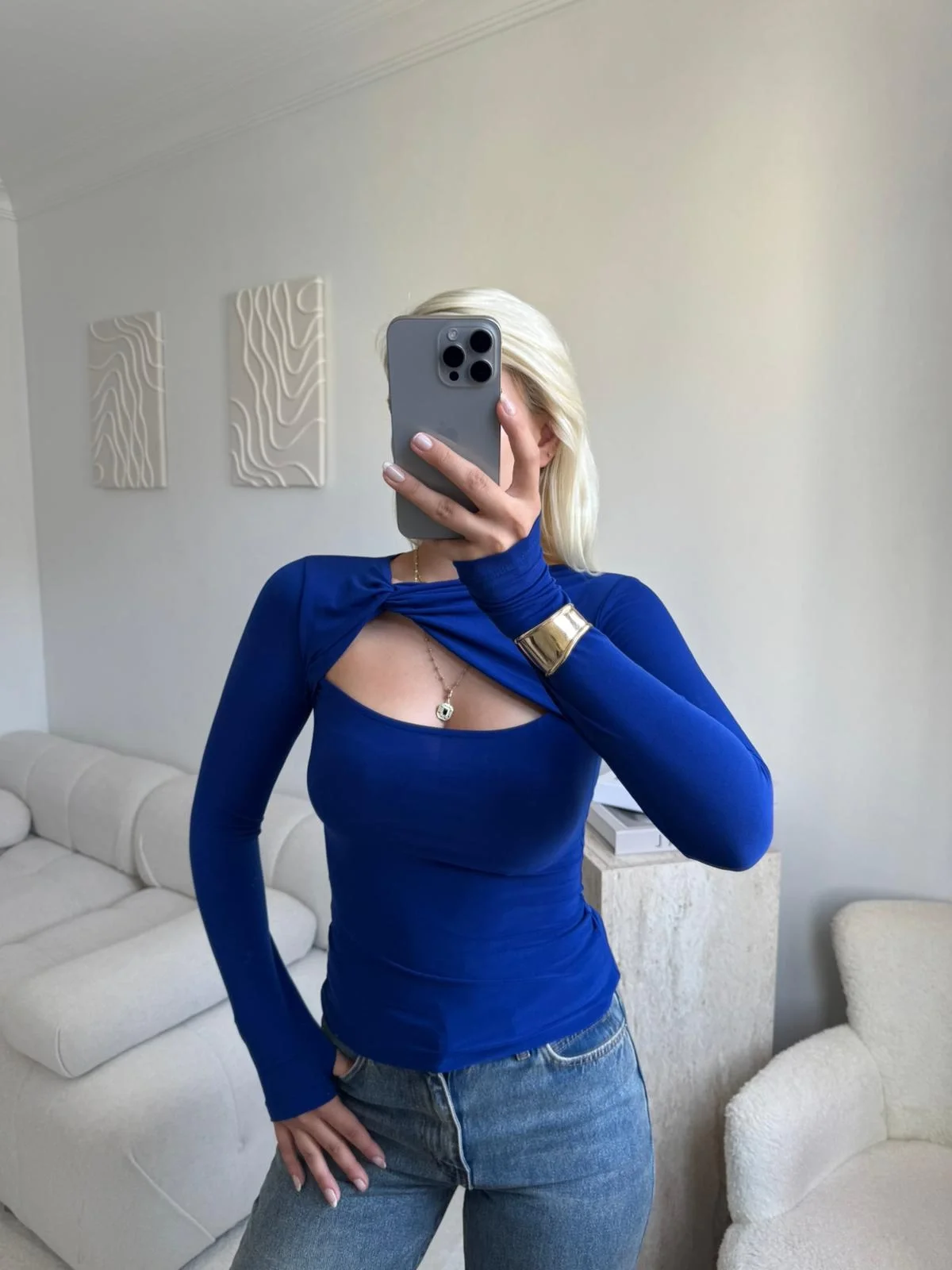 Göğüs Pencere Kruvaze Bluz - SAKS MAVİSİ