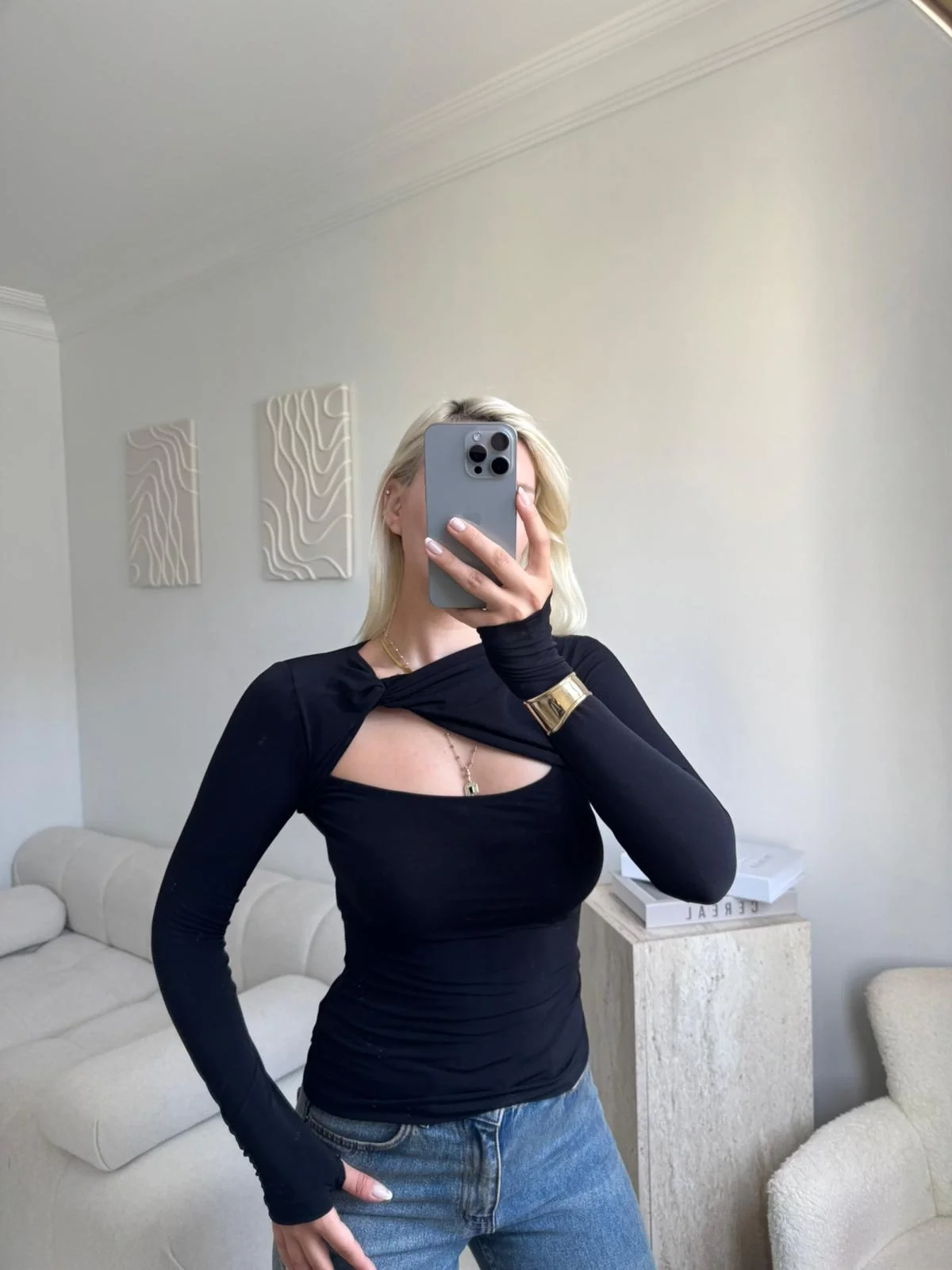 Göğüs Pencere Kruvaze Bluz - SİYAH