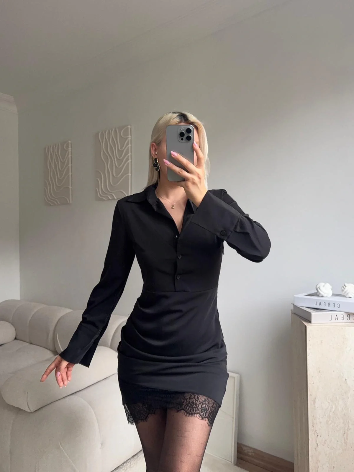 Gömlek Yaka Dantel Detaylı Mini Elbise