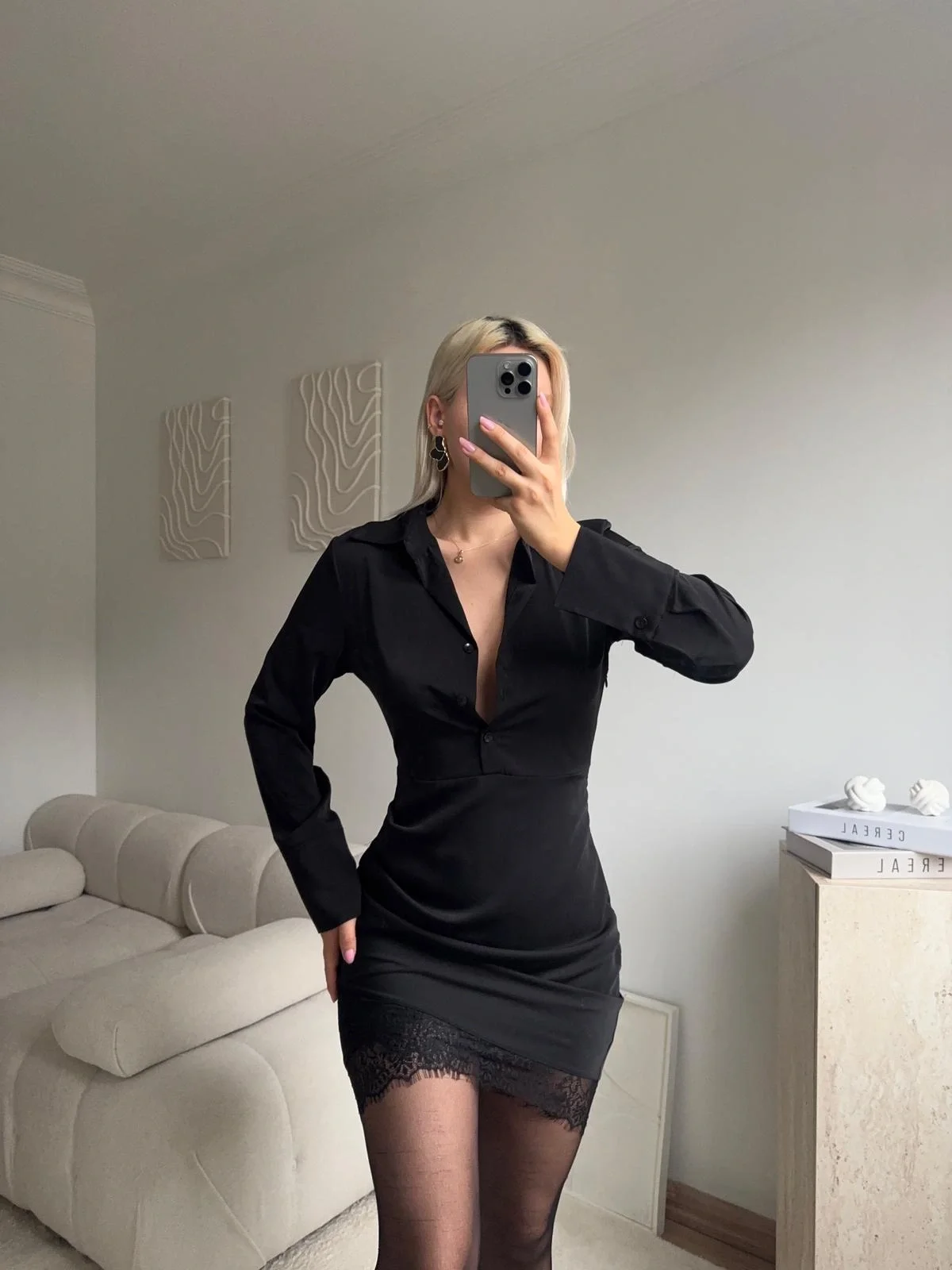 Gömlek Yaka Dantel Detaylı Mini Elbise