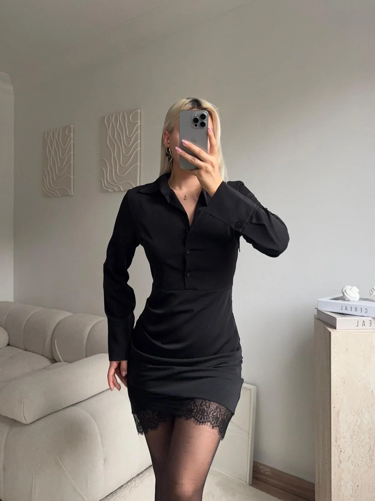 Gömlek Yaka Dantel Detaylı Mini Elbise