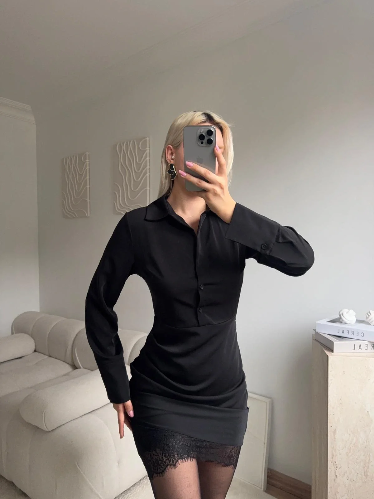 Gömlek Yaka Dantel Detaylı Mini Elbise