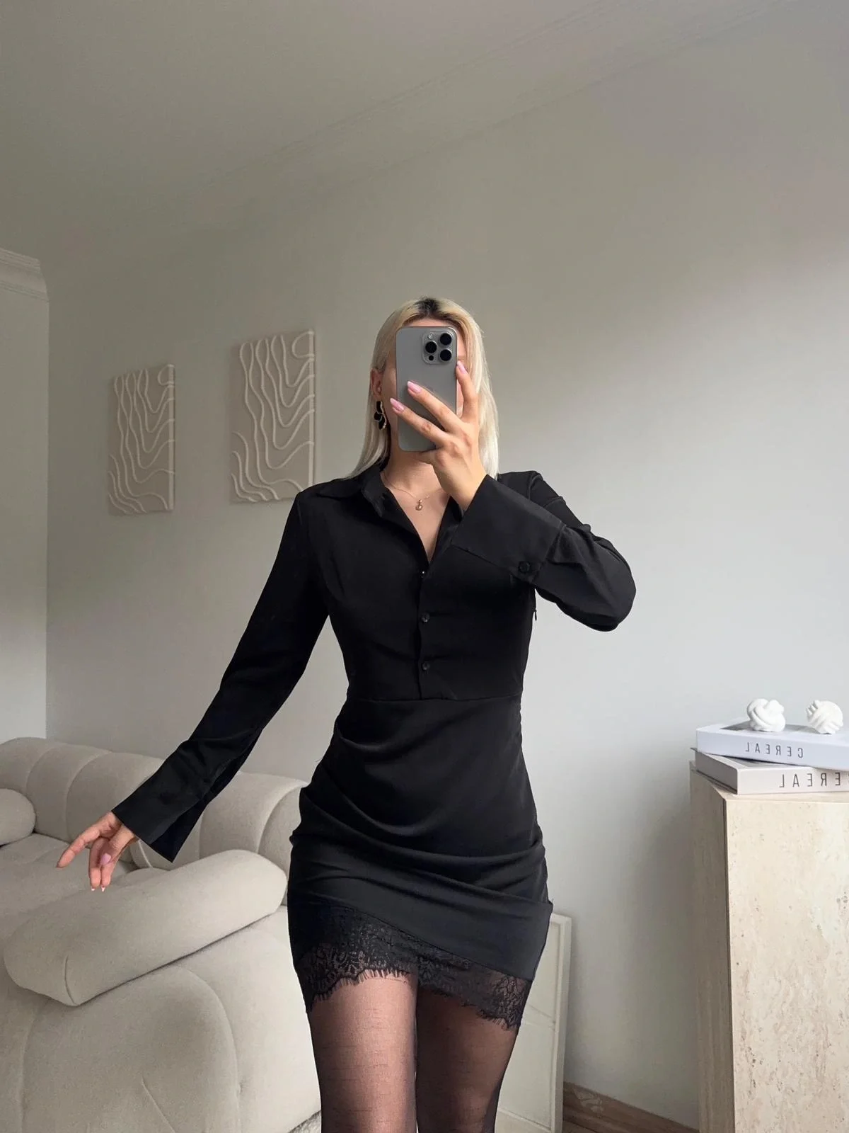 Gömlek Yaka Dantel Detaylı Mini Elbise