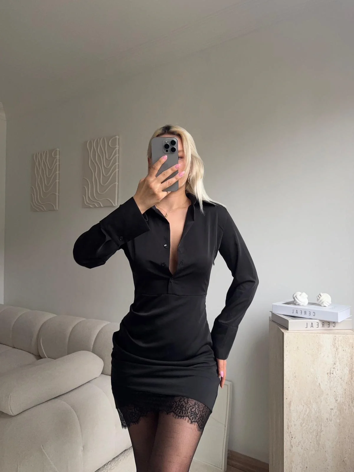 Gömlek Yaka Dantel Detaylı Mini Elbise