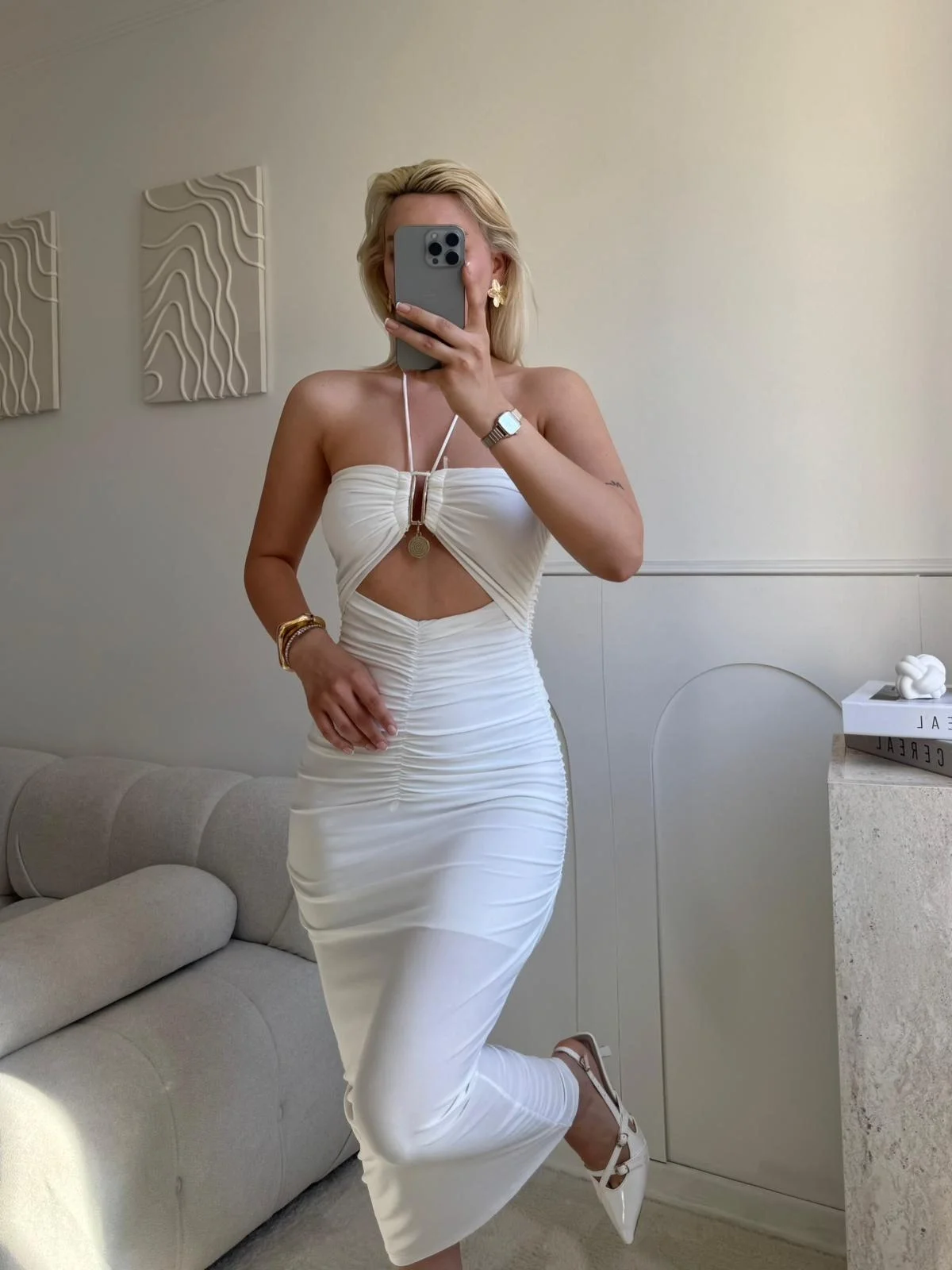 Halter Aksesuar Maxi Elbise - BEYAZ