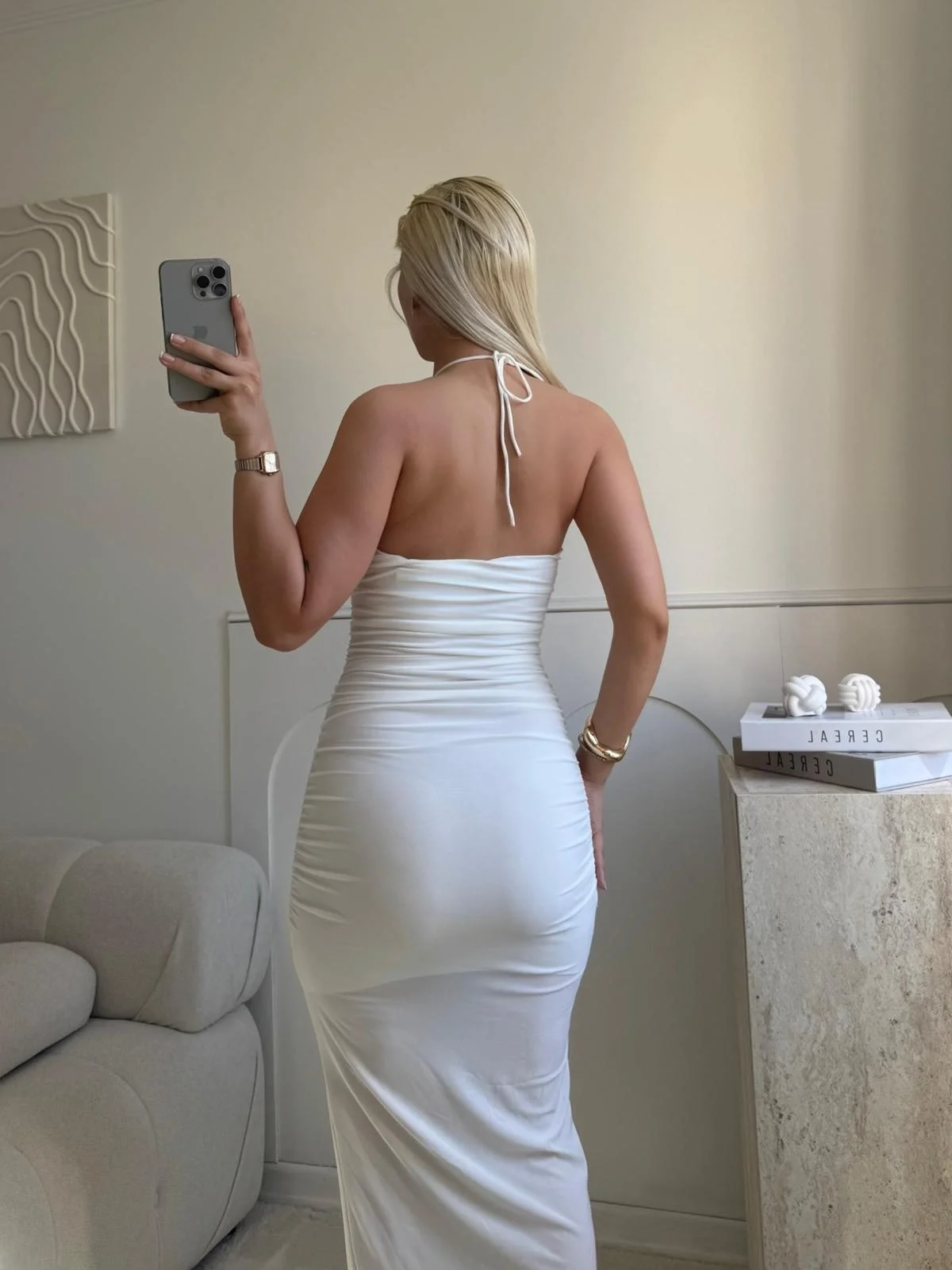 Halter Aksesuar Maxi Elbise - BEYAZ