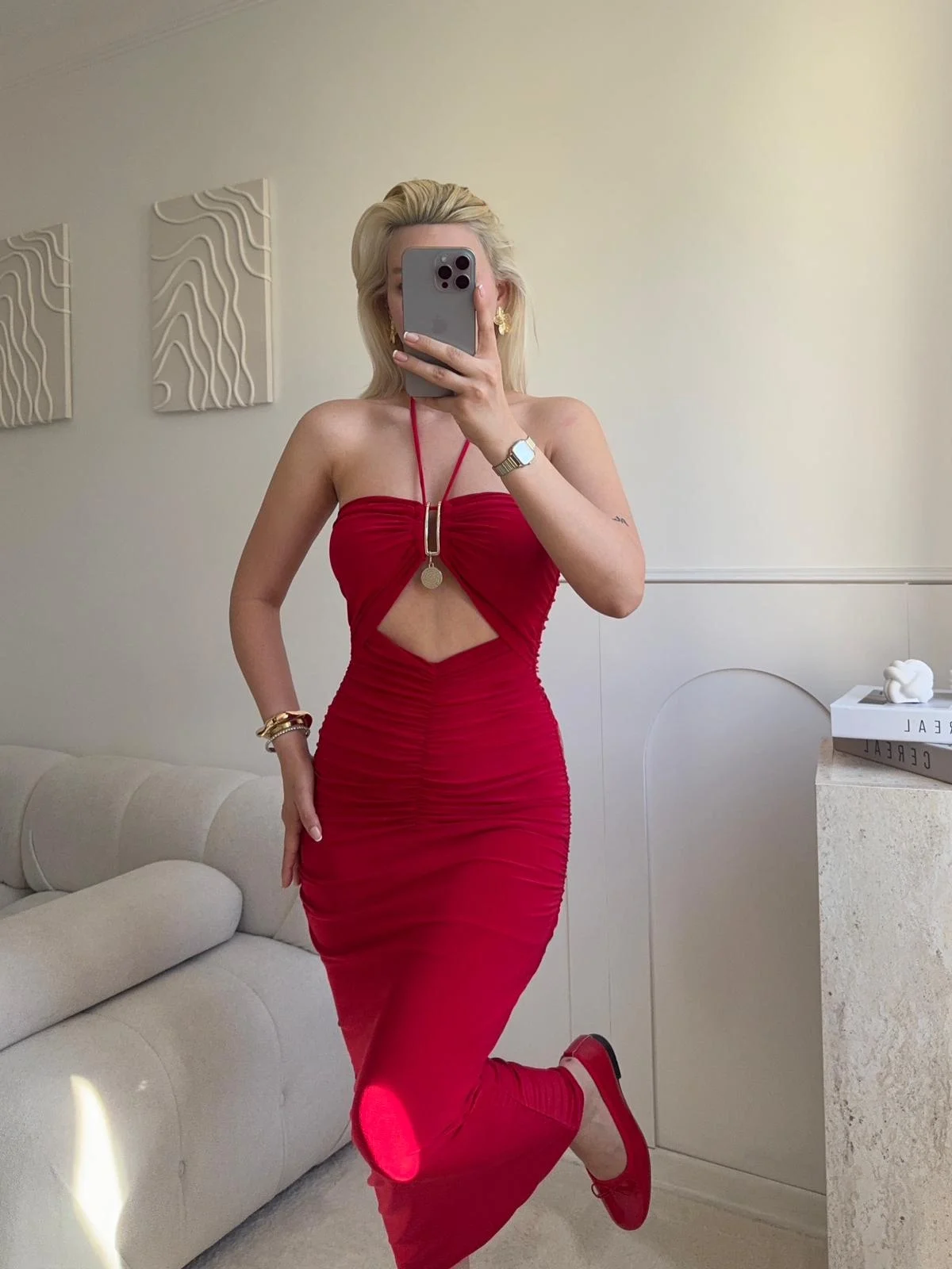 Halter Aksesuar Maxi Elbise - KIRMIZI