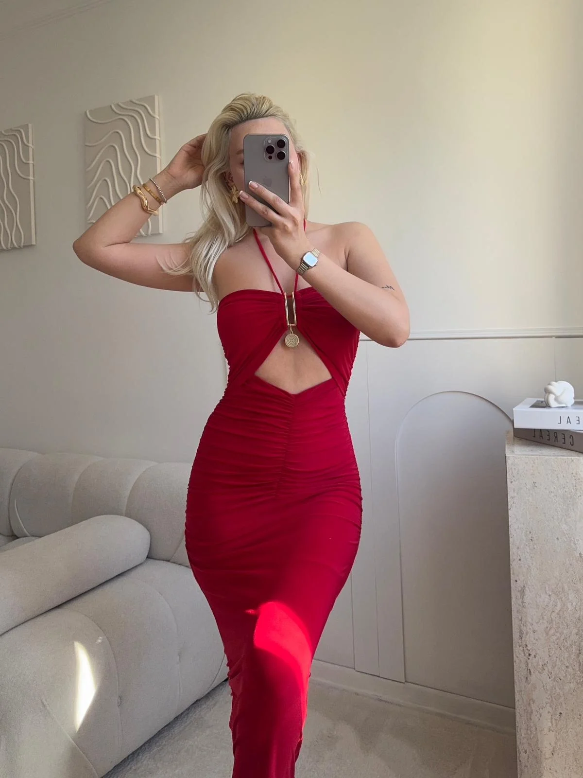 Halter Aksesuar Maxi Elbise - KIRMIZI