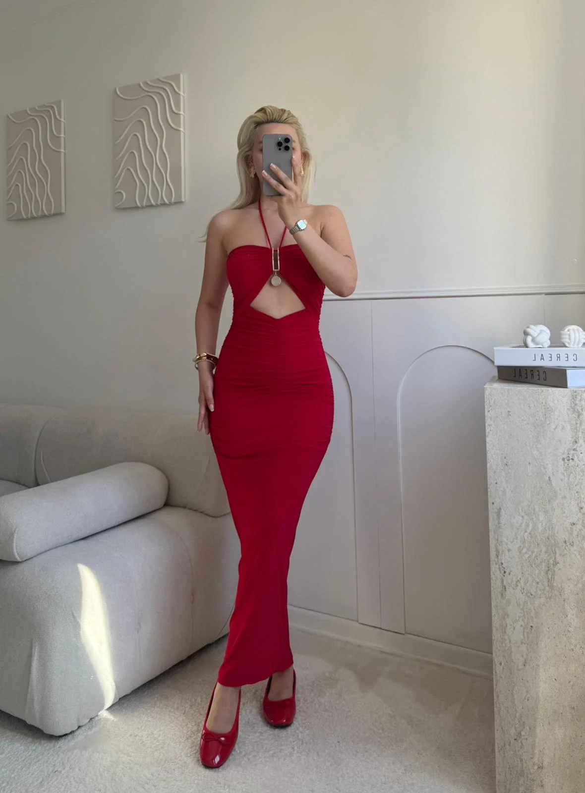 Halter Aksesuar Maxi Elbise - KIRMIZI
