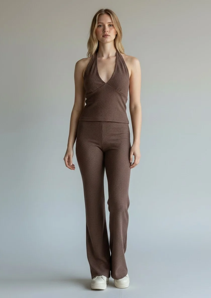 Halter Crop Pantolon Takım - KAHVE