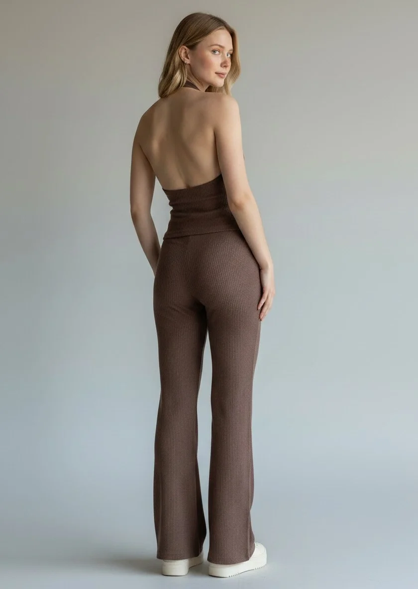 Halter Crop Pantolon Takım - KAHVE