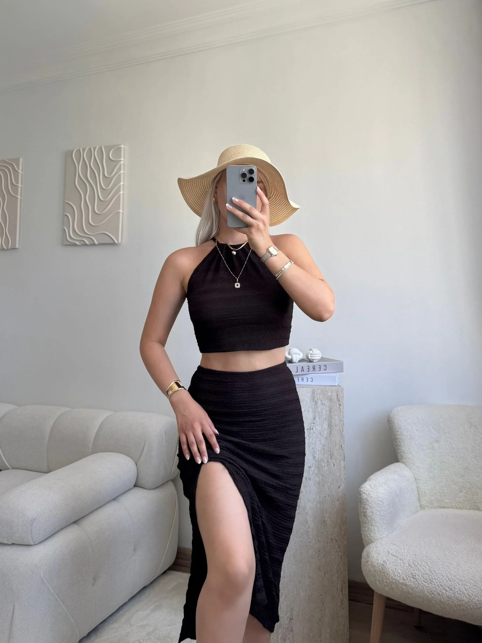 Halter Crop & Yırtmaçlı Takım - KAHVE