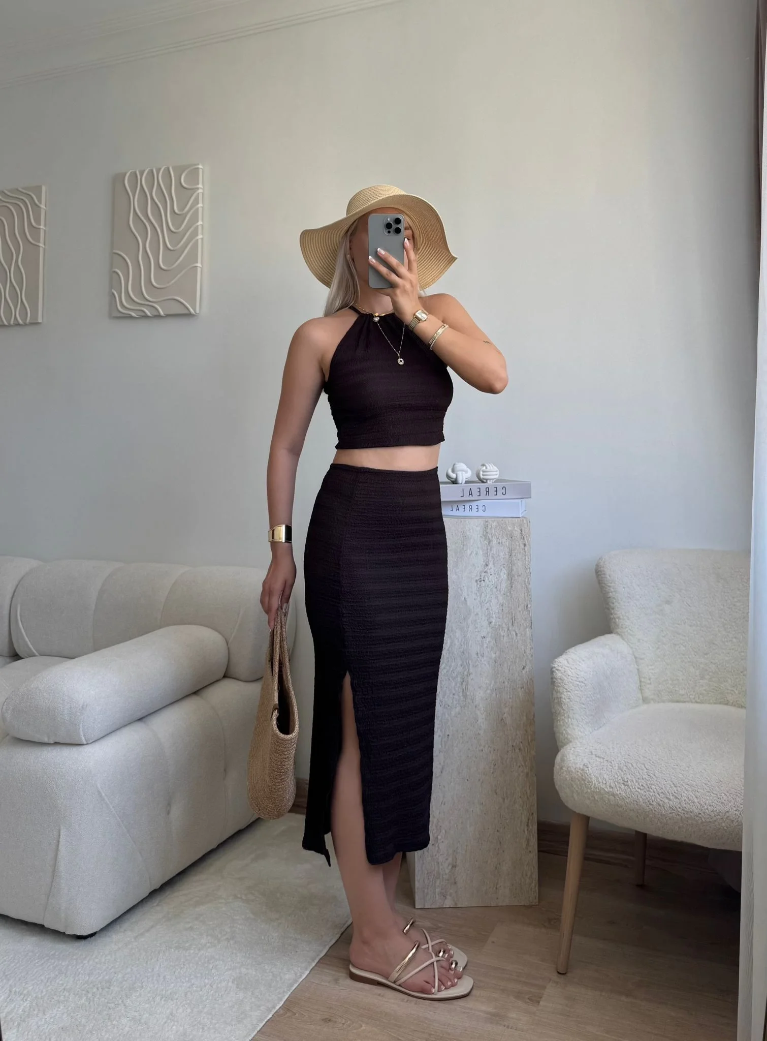 Halter Crop & Yırtmaçlı Takım - KAHVE