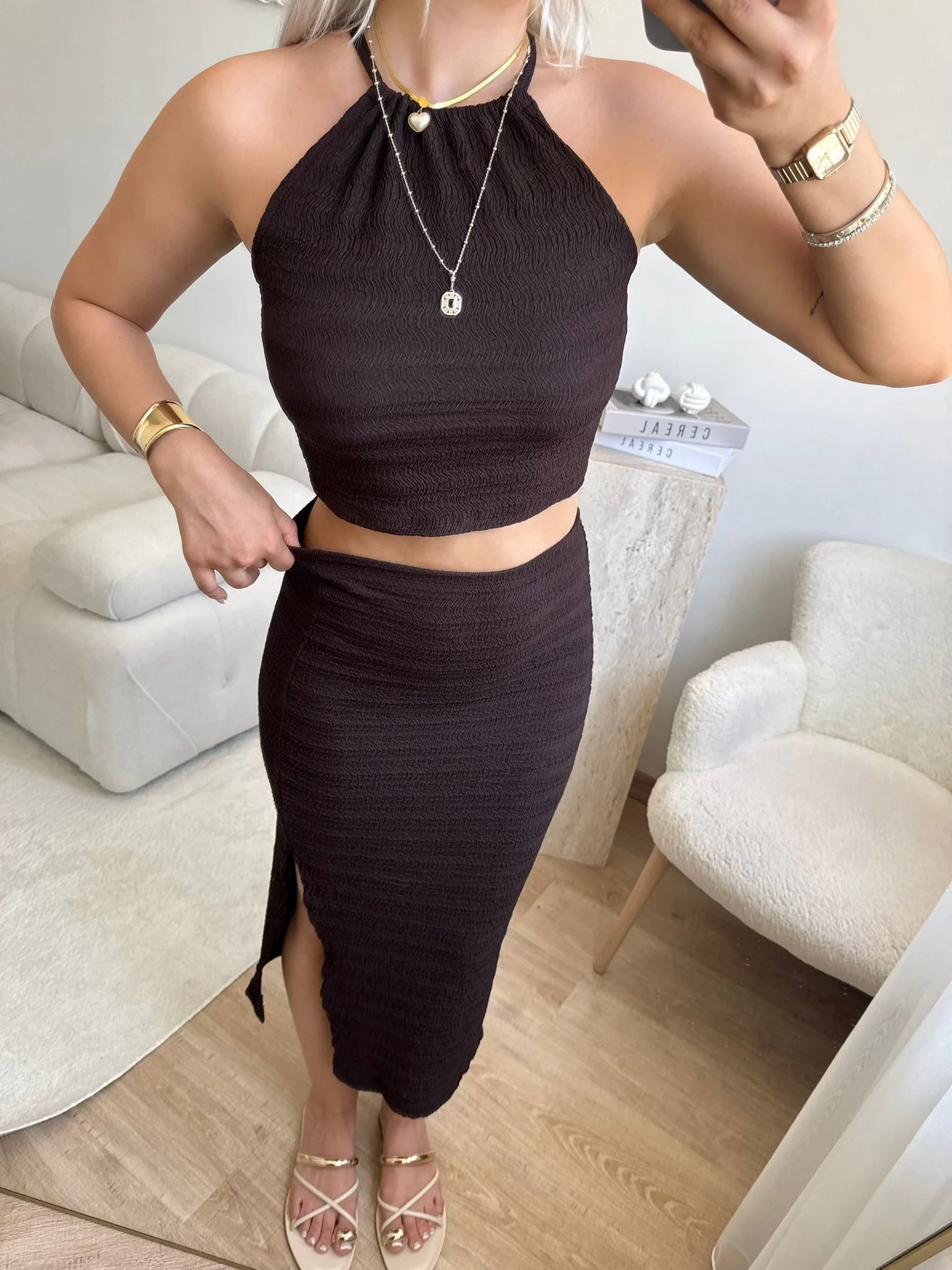 Halter Crop & Yırtmaçlı Takım - KAHVE