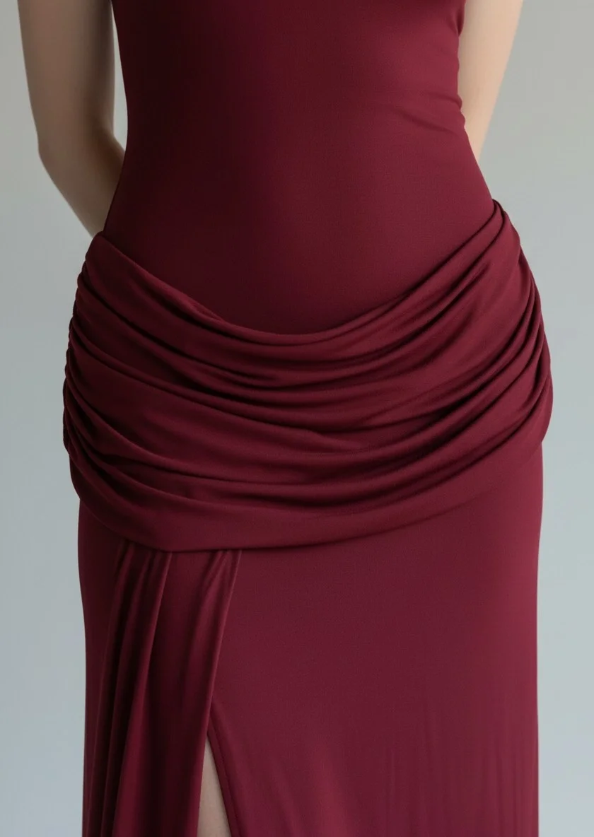 Halter Yaka Bel Drape Yırtmaçlı Elbise - BORDO