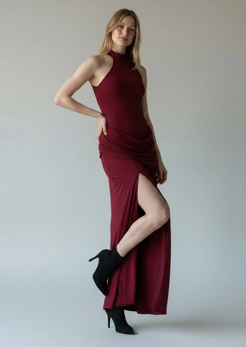 Halter Yaka Bel Drape Yırtmaçlı Elbise - BORDO
