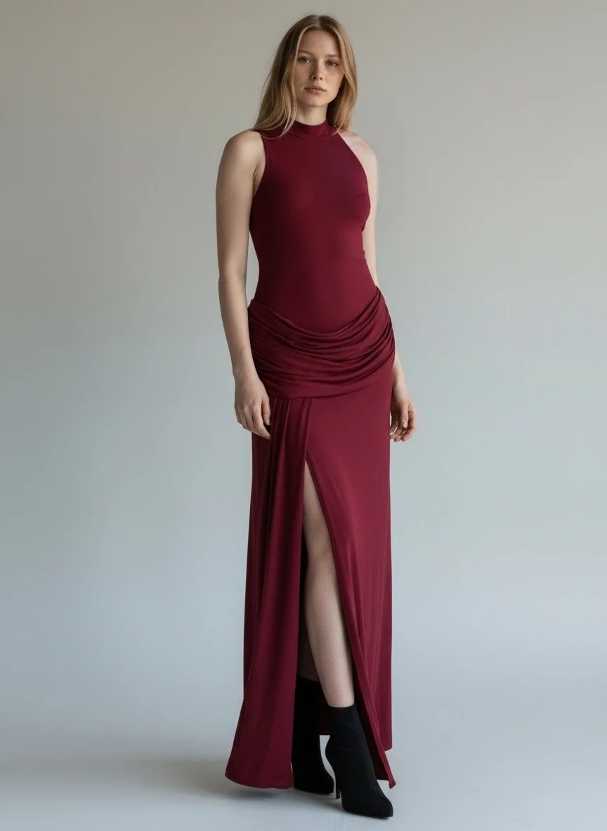 Halter Yaka Bel Drape Yırtmaçlı Elbise - BORDO