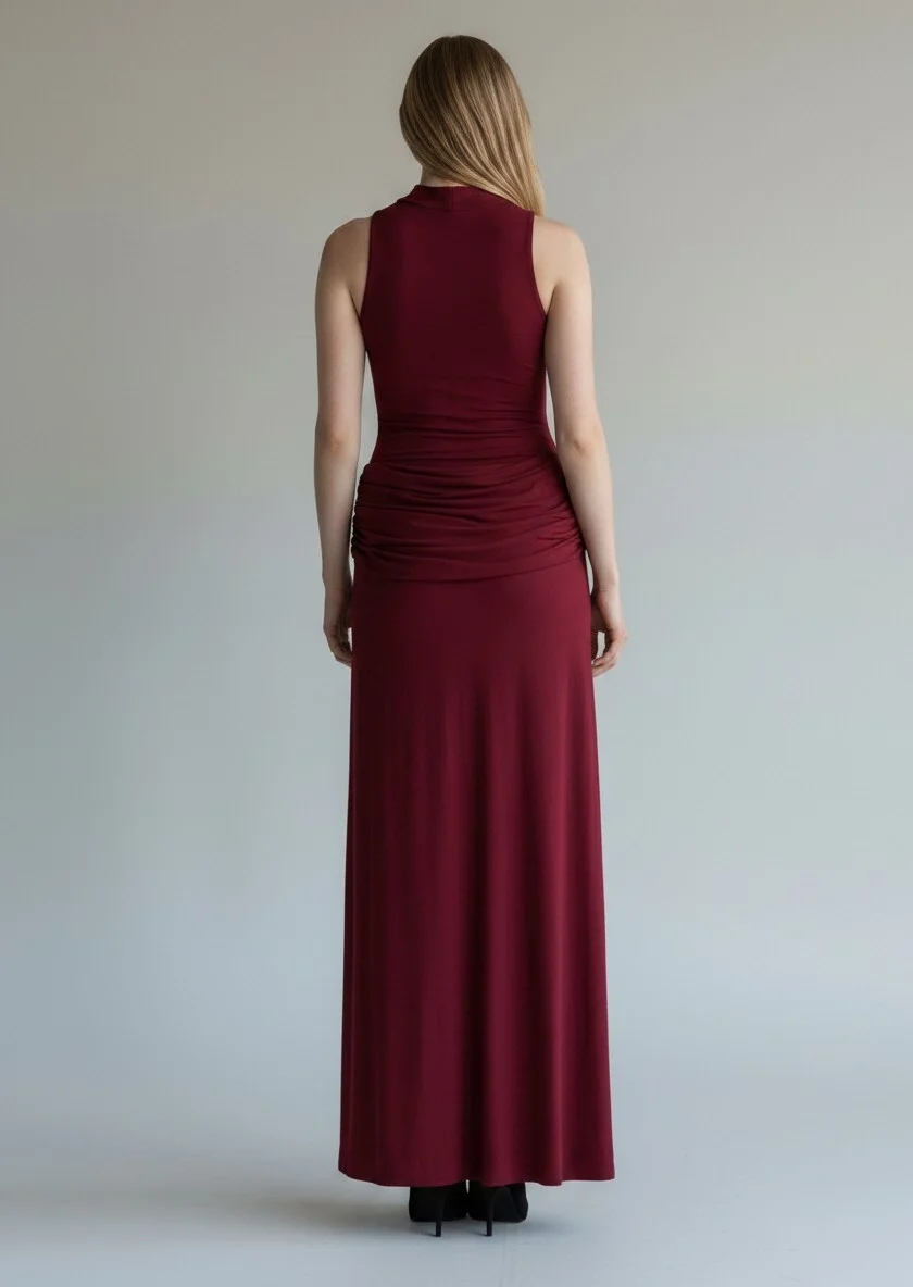 Halter Yaka Bel Drape Yırtmaçlı Elbise - BORDO