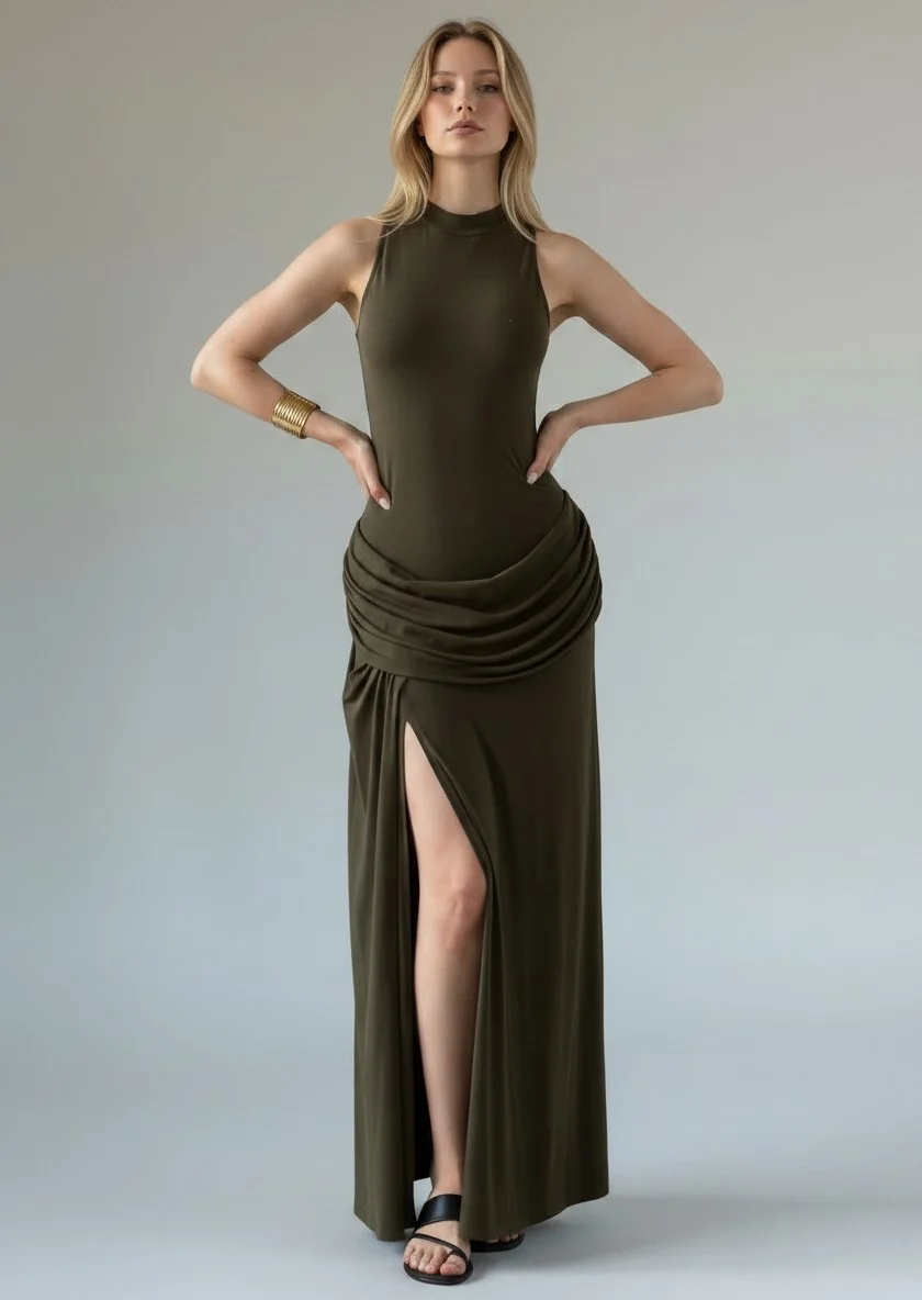 Halter Yaka Bel Drape Yırtmaçlı Elbise - HAKİ