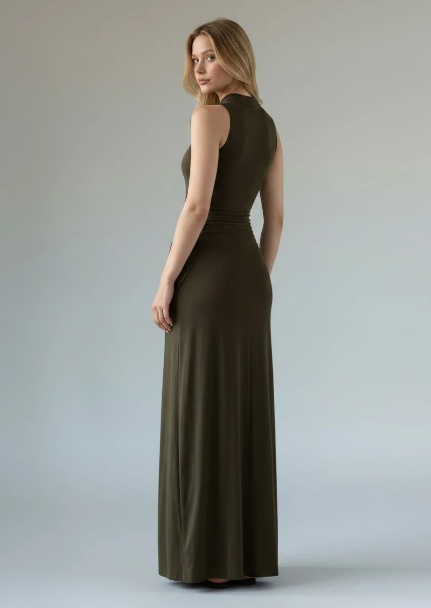 Halter Yaka Bel Drape Yırtmaçlı Elbise - HAKİ