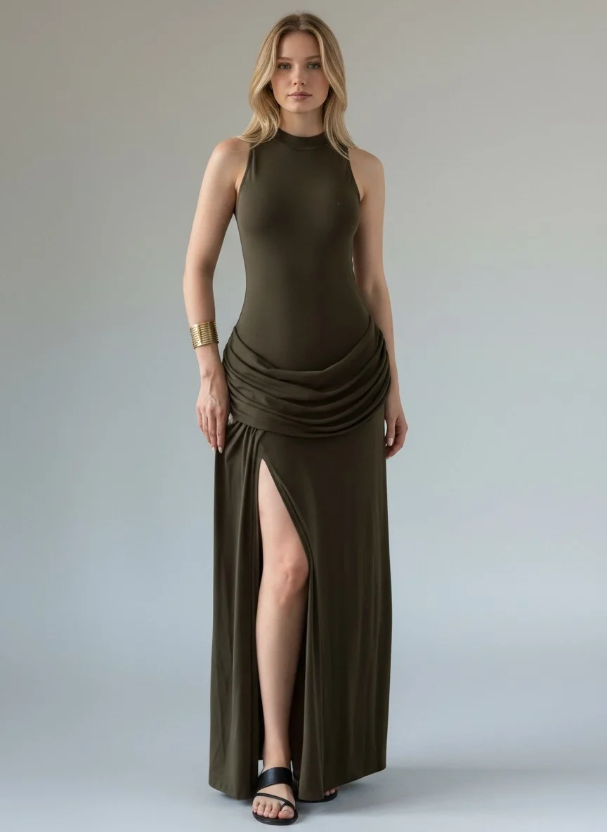 Halter Yaka Bel Drape Yırtmaçlı Elbise - HAKİ