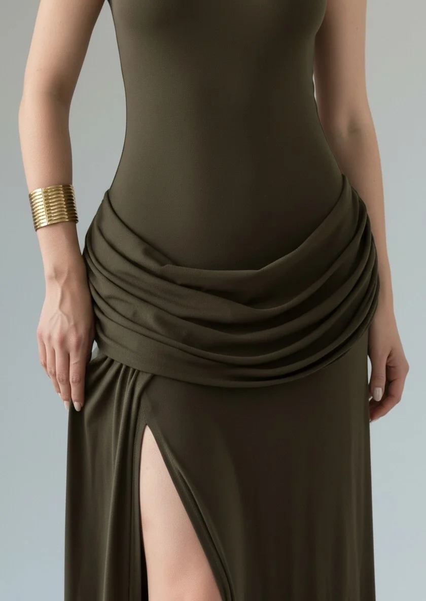 Halter Yaka Bel Drape Yırtmaçlı Elbise - HAKİ