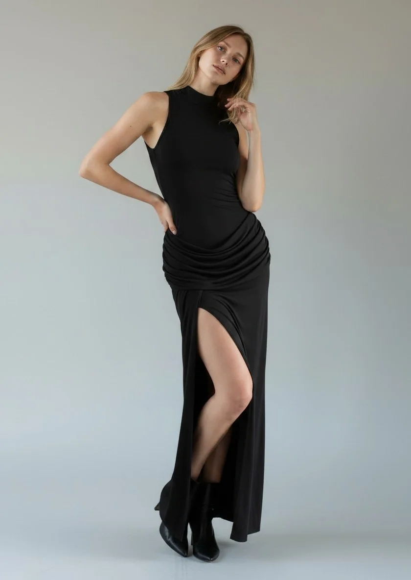 Halter Yaka Bel Drape Yırtmaçlı Elbise - SİYAH