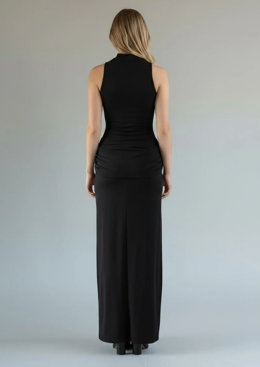 Halter Yaka Bel Drape Yırtmaçlı Elbise - SİYAH
