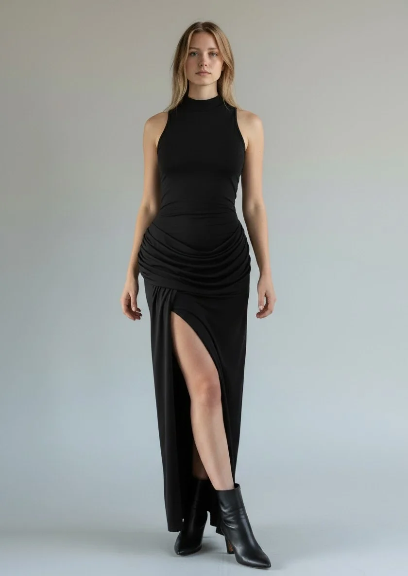 Halter Yaka Bel Drape Yırtmaçlı Elbise - SİYAH