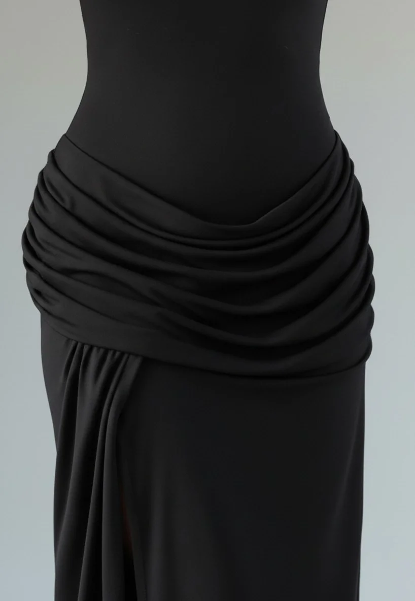 Halter Yaka Bel Drape Yırtmaçlı Elbise - SİYAH