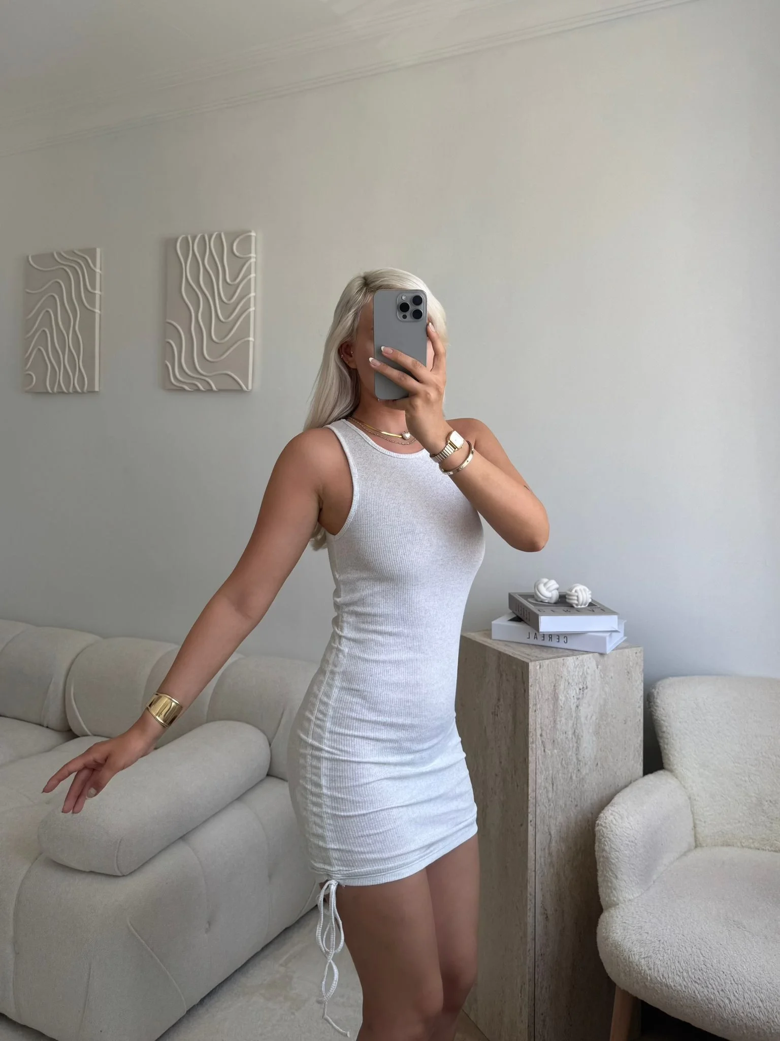 Halter Yaka Büzgülü Elbise-BEYAZ