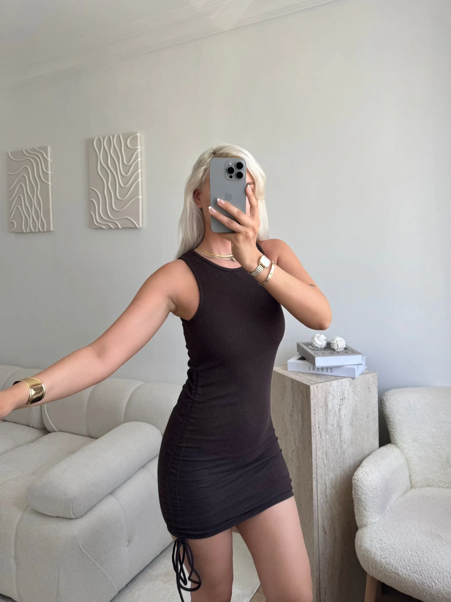 Halter Yaka Büzgülü Elbise-KAHVE