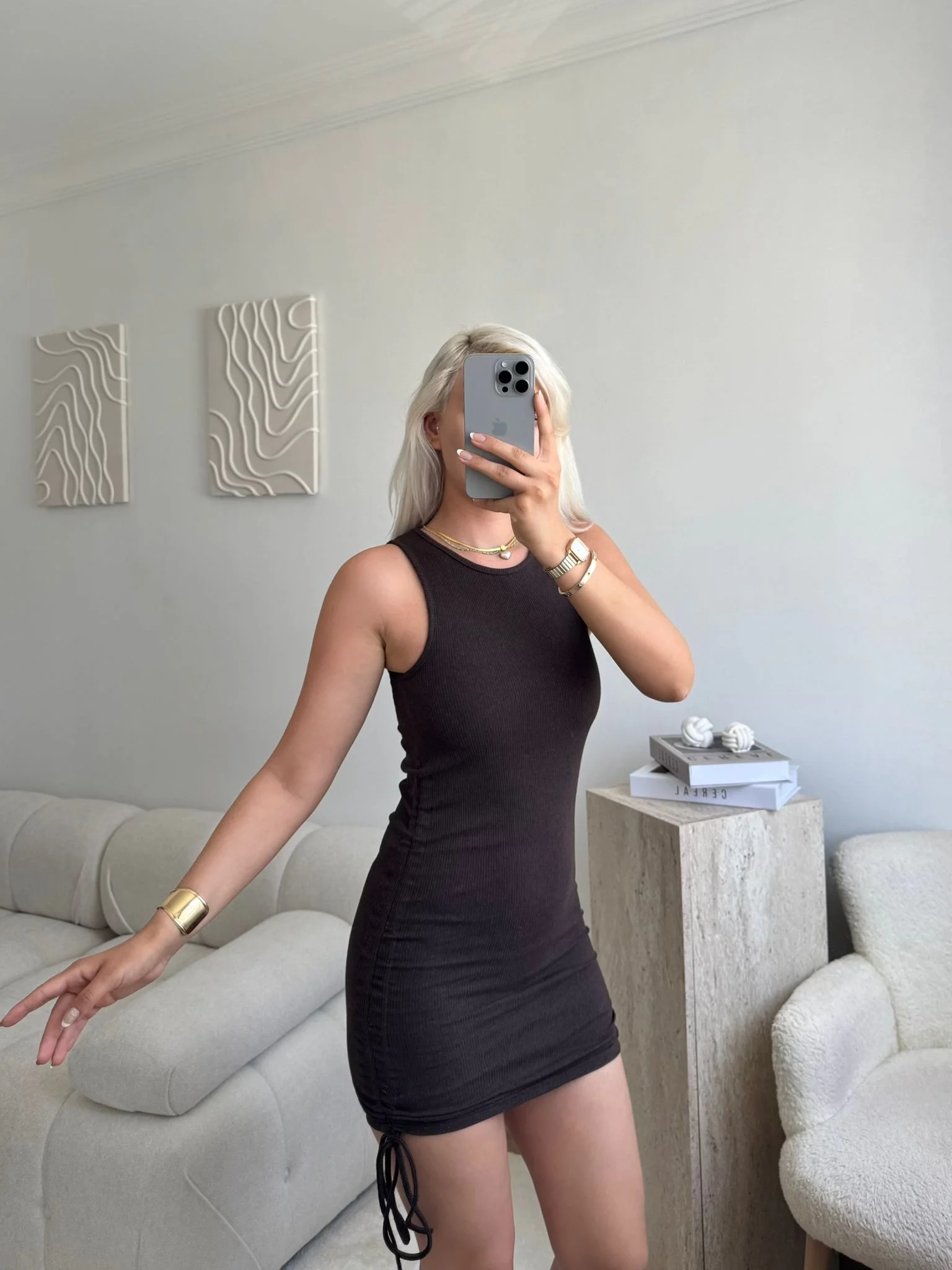 Halter Yaka Büzgülü Elbise-KAHVE