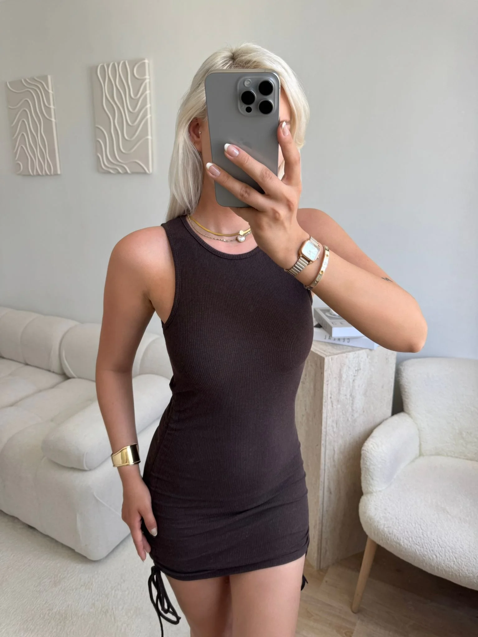 Halter Yaka Büzgülü Elbise-KAHVE