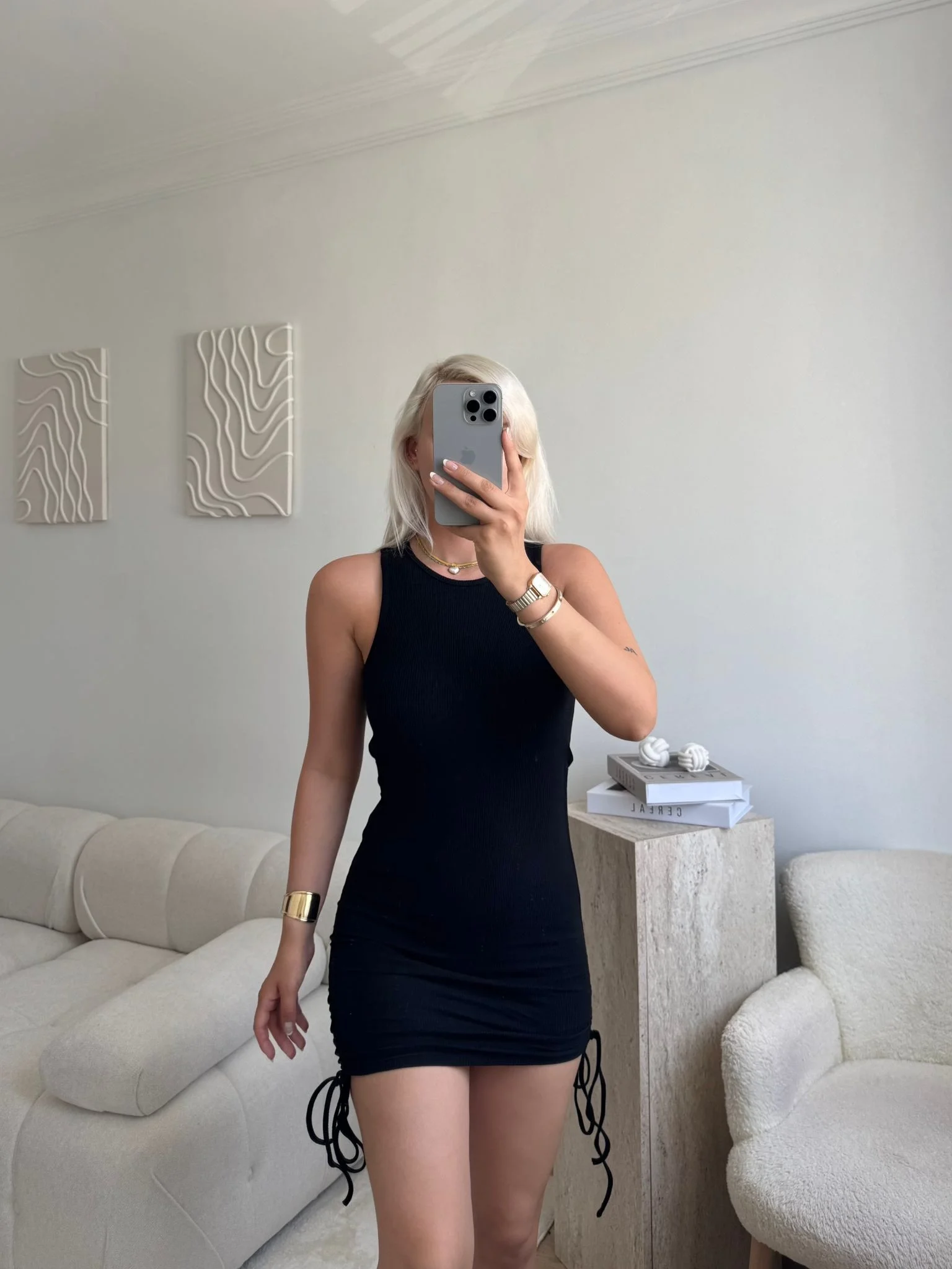 Halter Yaka Büzgülü Elbise-SİYAH