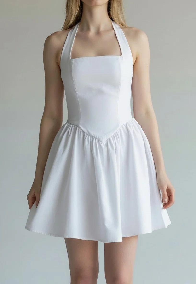 Halter Yaka Prenses Elbise - BEYAZ