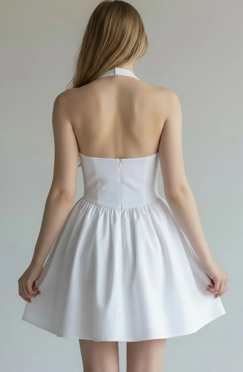 Halter Yaka Prenses Elbise - BEYAZ