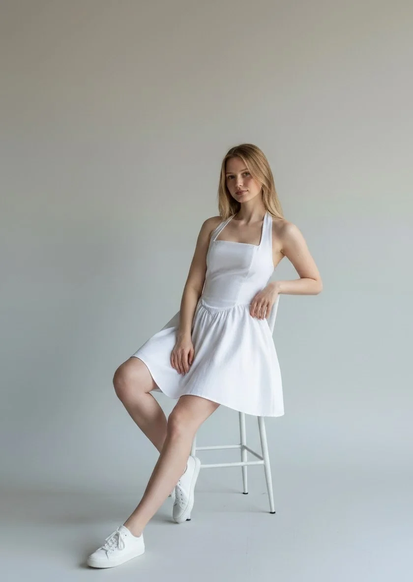 Halter Yaka Prenses Elbise - BEYAZ