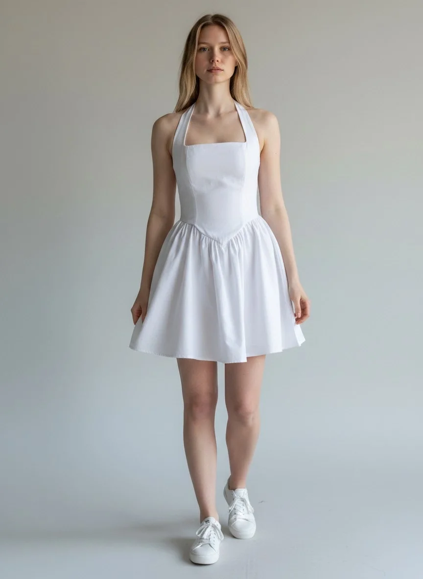 Halter Yaka Prenses Elbise - BEYAZ