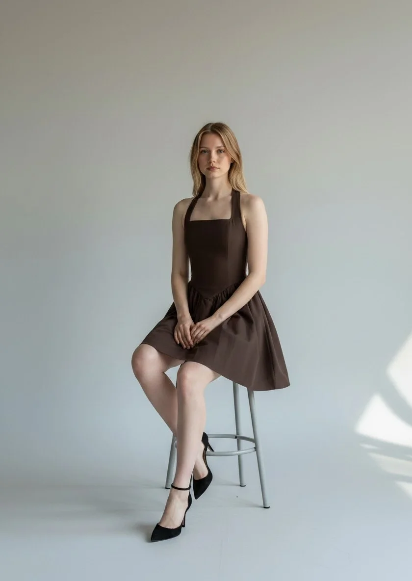 Halter Yaka Prenses Elbise - KAHVE