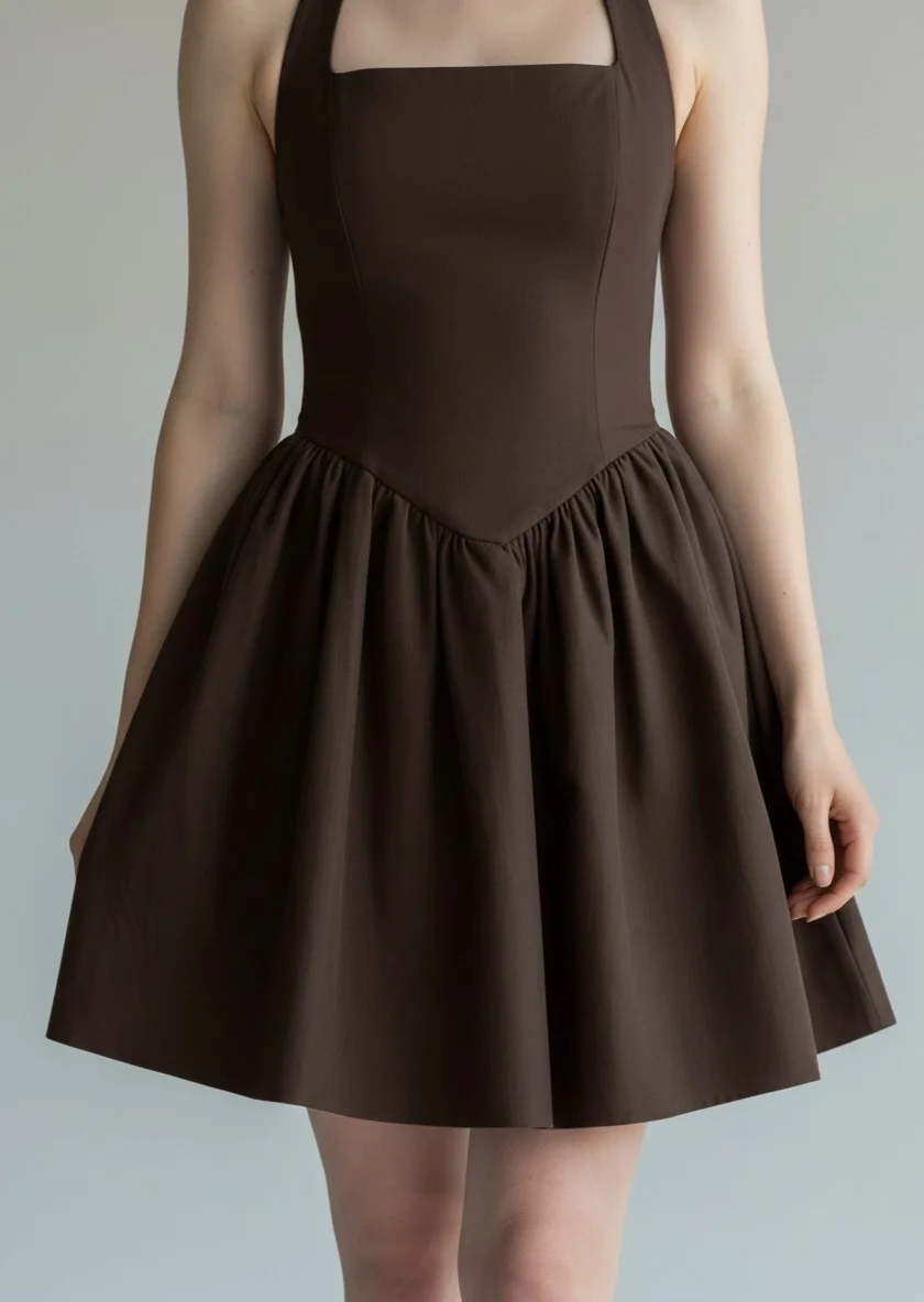 Halter Yaka Prenses Elbise - KAHVE