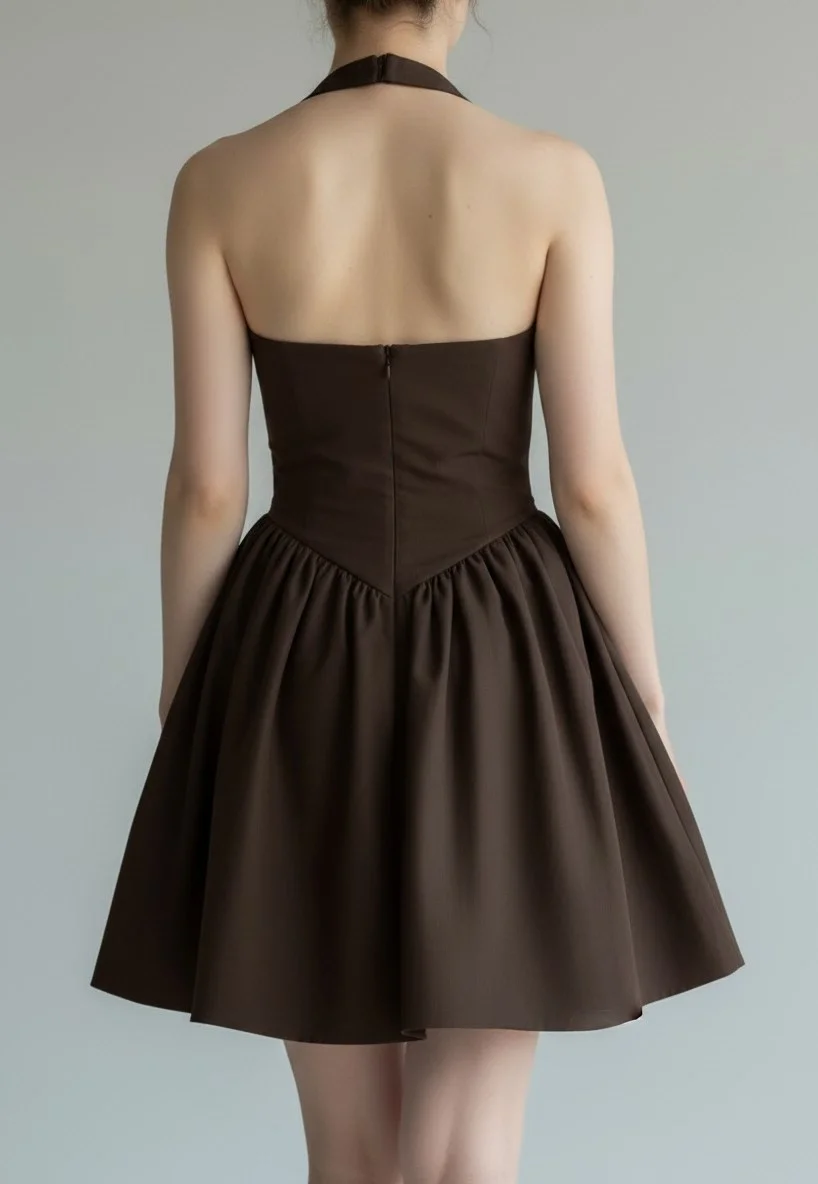 Halter Yaka Prenses Elbise - KAHVE