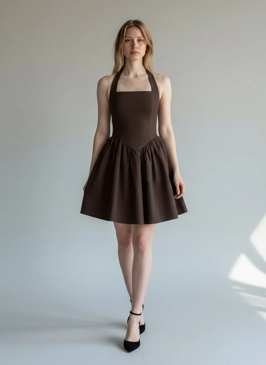 Halter Yaka Prenses Elbise - KAHVE